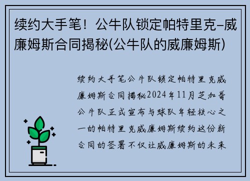 续约大手笔！公牛队锁定帕特里克-威廉姆斯合同揭秘(公牛队的威廉姆斯)