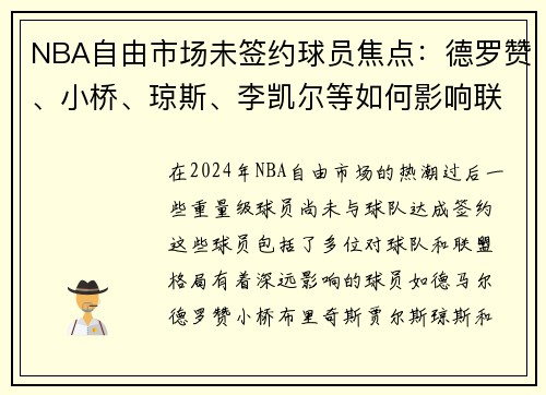 NBA自由市场未签约球员焦点：德罗赞、小桥、琼斯、李凯尔等如何影响联盟格局