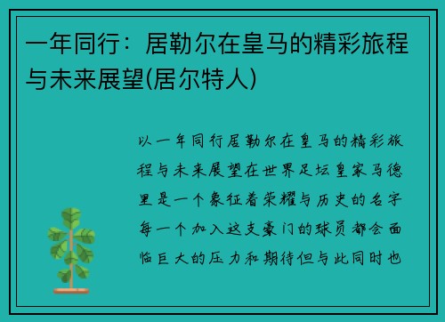 一年同行：居勒尔在皇马的精彩旅程与未来展望(居尔特人)