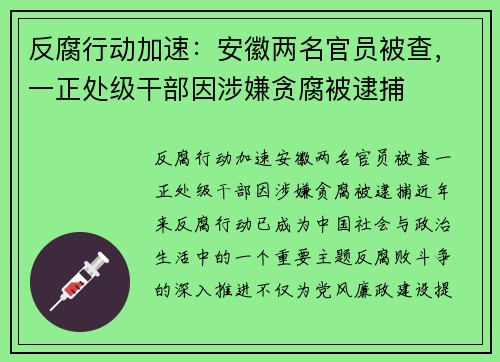 反腐行动加速：安徽两名官员被查，一正处级干部因涉嫌贪腐被逮捕