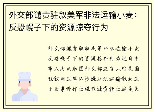 外交部谴责驻叙美军非法运输小麦：反恐幌子下的资源掠夺行为