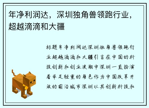 年净利润达，深圳独角兽领跑行业，超越滴滴和大疆