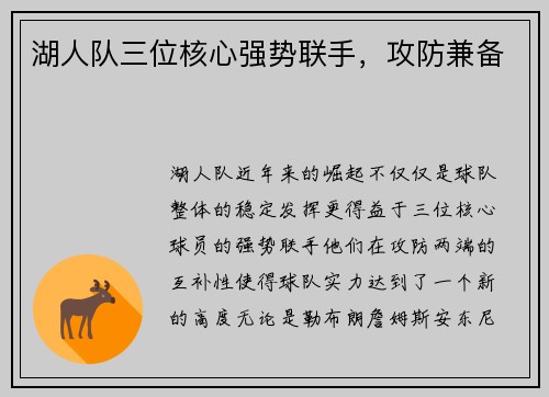 湖人队三位核心强势联手，攻防兼备