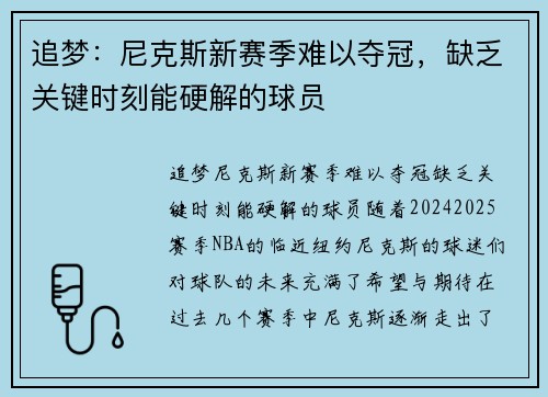 追梦：尼克斯新赛季难以夺冠，缺乏关键时刻能硬解的球员