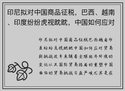 印尼拟对中国商品征税，巴西、越南、印度纷纷虎视眈眈，中国如何应对贸易新挑战？